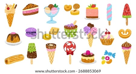 Crayon drawing dessert. Chalk drawn cake, ice cream, bakery and candy. Children style sweets, cookies, candies. Cafe food neoteric vector set