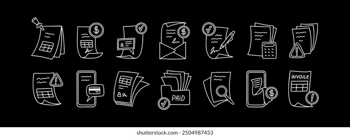 Crayon drawing doodle invoice, documents and CV. Chalk board vector illustration. Business papers sketch icons set. Bill and tax payment concept