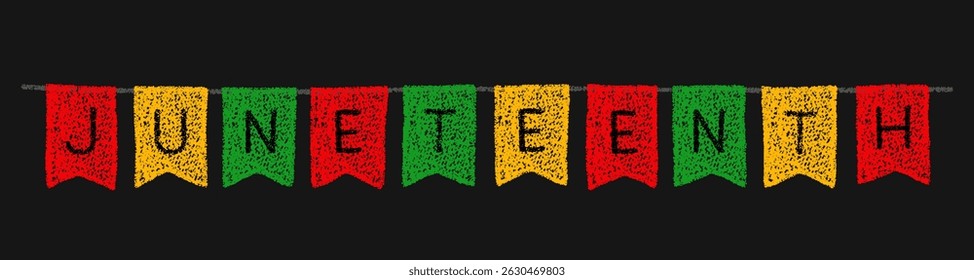 Crayon drawing with garland with Juneteenth on black bg. Black history month banner with bunting flags with crayon texture. Juneteenth freedom day poster, vector illustration