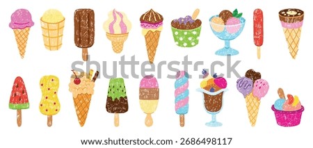 Crayon drawing ice cream. Popsicles, creamy balls in waffle cones and bowls. Sweet dairy dessert chalk or pencil drawn, children style, neoteric vector clipart