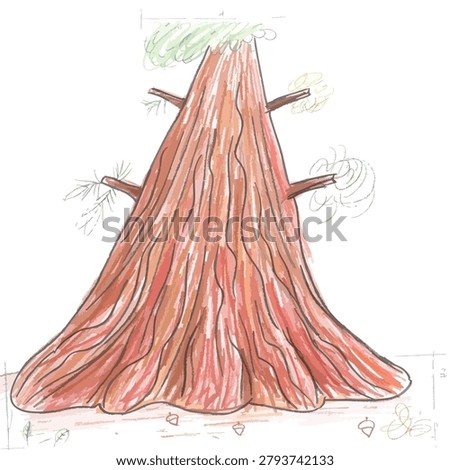A crayon drawing showing the textured reddish brown bark of a giant redwood tree with minimal branches against a white background