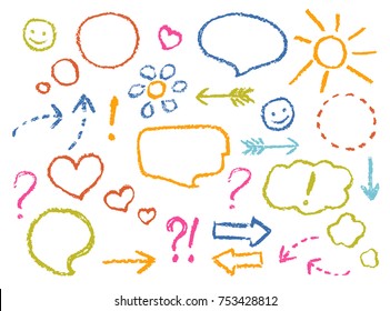Crayon drawing speech bubbles, arrows, heart shape, smile, sign, symbols funny set. Colorful pastel chalk or pencil like kid`s hand drawn doodle child style sketch design elements, vector.