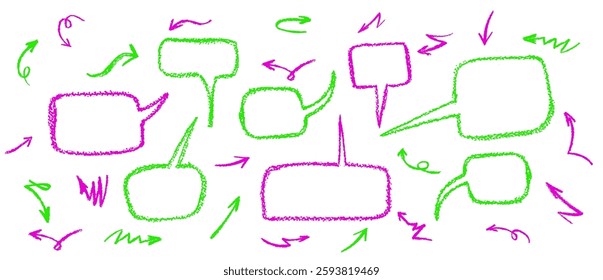 Crayon drawing speech buble set with graffiti style hearts and arrows. Collection of hand drawn chalk elements with grafitti symbols of love. Acid pink and green stroke text boxes. Vector illustration