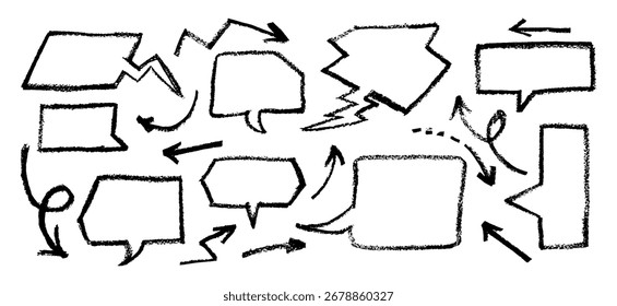 Crayon drawing speech buble set with graffiti style arrows. Collection of hand drawn chalk elements. Vector black charcoal handwriting comic text clouds in doodle style on blackboard. Grunge texture.