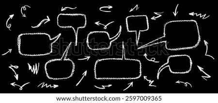 Crayon drawing speech buble set with graffiti style arrows. Collection of hand drawn chalk elements. Vector white charcoal handwriting comic text clouds in doodle style on blackboard. Grunge texture