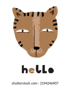 Crayon Drawing Style Hand Drawn Vector Print with Brown Tiger Head and Handwritten Hello on a White Background. Safari Party Illustration ideal for CArd, Poster, Wall Art, Kids' Room Decoration.