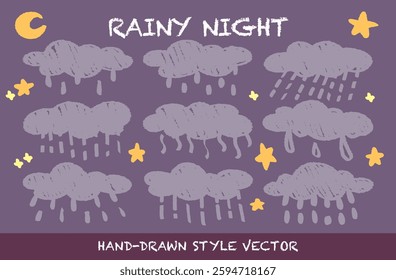 Crayon drawing textured fluffy night rainy day clouds and stars vector set. Childish wax pencil scribble sketch doodle cloudy sky. Cartoon style rough cute pastel clouds in kid's style. Weather rain