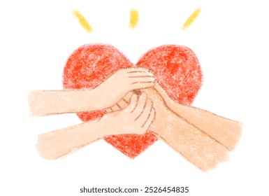 Crayon drawing of two hands shaking and a heart shape