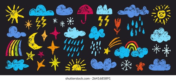 Crayon drawing weather elements. Pencil or chalk painting forecast elements. Clouds, rainbow, raindrops and snowflakes, sun, neoteric vector set