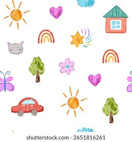 Crayon drawn animal, car and rainbow in childlike style. Seamless pattern with cute elements