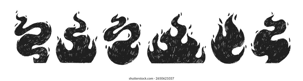 Crayon desenhado fogo preto chamas ícones coleção. Adesivos de chama funky desenhados à mão ou tatuagem. Símbolos de estilo punk e rock. Ilustração de rabisco vetorial. Esboço de fogueira, símbolos de energia.