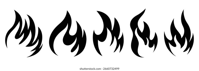 Crayón dibujado negro fuego llamas iconos colección.  Vector de símbolo de llama de fuego. Etiqueta engomada dibujada a mano de las llamas del doodle. Icono de fuego colección. Hoguera, logotipo de la silueta del fuego. Símbolos de llamas con estilo plano 