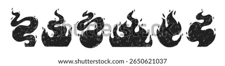 Crayon drawn black fire flames icons collection. Hand drawn funky doodle flame stickers or tattoo. Punk and rock style symbols. Vector scribble illustration. Naive bonfire sketch, energy symbols.