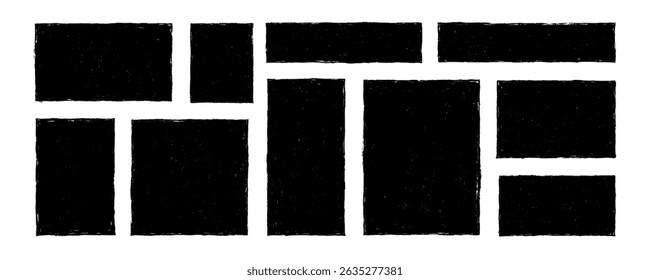 Crayon drawn black grunge rectangles and squares with rough edges. Childish text boxes, empty speech bubbles, doodle geometric shapes with pencil rough texture. Rectangles for hand drawn notes.