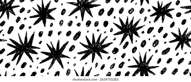 Crayon drawn black stars and dots graphic background. Shine and sparkle hand drawn seamless banner design. Vector grunge texture star shapes. Cute kid's drawing magical seamless pattern.