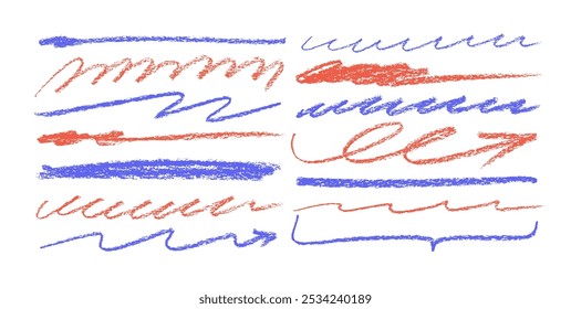 Crayon drawn blue and red underlines collection. Squiggles and horizontal scribbles, emphasis elements. Hand drawn marker underlines, doodle pencil arrows. Various horizontal lines for diagrams, notes