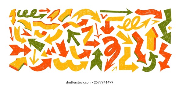 Crayon drawn bold folded and curved arrows. Graffiti retro style colorful elements with pencil texture, scribble vector icons. Set of thick punk grunge geometric arrows. Doodle different directions.