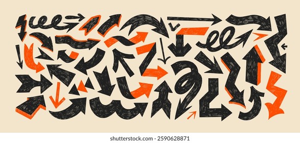 Crayon drawn bold folded and curved arrows. Graffiti retro style black elements with pencil texture, scribble vector icons. Set of thick punk grunge geometric arrows. Doodle different directions.
