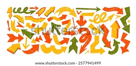 Crayon drawn bold folded and curved arrows. Graffiti retro style colorful elements with pencil texture, scribble vector icons. Set of thick punk grunge geometric arrows. Doodle different directions.