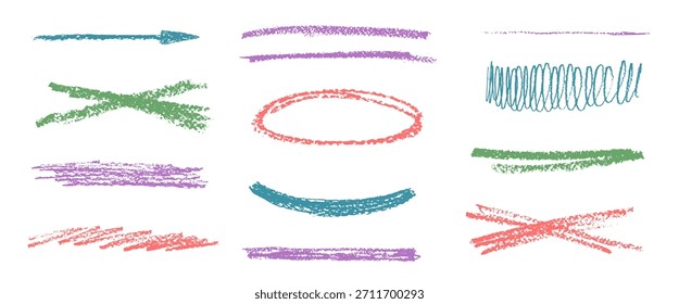 Crayon drawn brushstrokes set. Pencil brush stroke lines and strikethrough streaks. Hand drawn kid textured rough stripe, emphasis freehand elements. Arrow, highlights, oval. Vector crayon separators.