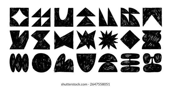 Crayon drawn brutal geometric shapes and forms. Abstract geometric graphic elements with pencil texture. Vector y2k symbols, naive charcoal figures. Trendy stickers. Swiss design aesthetic.