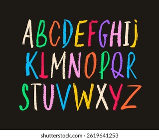 Crayon drawn childish cute font. Hand-drawn colorful simple vector alphabet. Rough doodle font drawn with wax crayon, pencil or pastel. Scribbled kid's typography. Color pencil children letters.