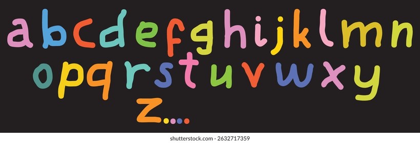 Crayon drawn childish cute font. Hand-drawn colorful simple vector alphabet. Rough doodle font drawn with wax crayon, pencil or pastel. Scribbled kid's typography. Color pencil children letters	