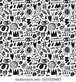 Crayon drawn childish doodles seamless pattern. Vector funky scribbles, doodle shapes, quirky abstract lines. Messy seamless background with expressive inky elements. Quirky wrapping paper.