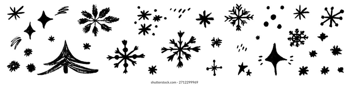 Ilustraciones de copo de nieve de Navidades dibujadas con lápiz realzadas con texturas de tiza y nieve dispersa. Cada copo de nieve mezcla la energía animada del crayón con tonos de nieve de tiza suave.
