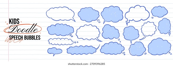Formas de nuvens desenhadas em giz de cera. Criança ingênua rabiscar balões de fala ajustado. Quadro de caixa de texto abstrato funky. Vetor rabiscar nuvens de balão infantil para notas. Elementos de mensagem bonitos de carvão escolar.