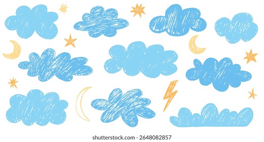 Crayon drawn clouds, stars and moon in kid's style. Hand drawn various cloud shapes. Childish doodle naive icons pastel texture. Naive style childish vector elements isolated