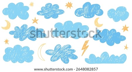 Crayon drawn clouds, stars and moon in kid's style. Hand drawn various cloud shapes. Childish doodle naive icons pastel texture. Naive style childish vector elements isolated