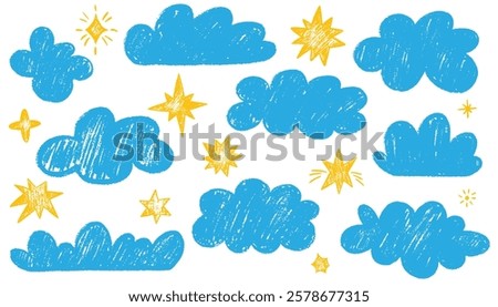 Crayon drawn clouds and yellow cute stars in kid's style. Pencil or charcoal drawings childish icons isolated on white. Hand drawn various cloud and stars shapes. Doodle vector symbols