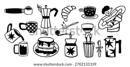Crayon drawn coffee set. Cute cafe menu doodle elements vector. Hand drawn collection of coffee, pancakes, croissant, character, coffee maker,cups. Isolated illustrations.