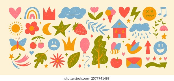 Crayon drawn colorful doodle childish icons. Hand drawn childish funny simple vector illustrations. Crown, butterfly, cherry, smile, house, letter, bird, stars, ice cream, doodle collage elements.