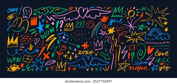 Crayon drawn colorful doodle shapes and figures for notes and design. Hand drawn scribbles, scrawls, stars, crown, curly lines in punk girly style. Childish creative various shapes, lettering.