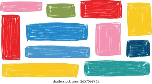 Crayon drawn colorful grunge rectangles and squares with rough edges. Childish text boxes, empty speech bubbles, doodle geometric shapes with pencil 