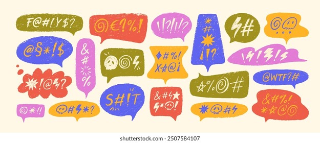 Crayon drawn colorful speech bubbles with abstract swear words. Chalk pencil speech bubbles doodle set. Crayon communication frames. Curse, rude, swear word for angry, bad, negative expression.