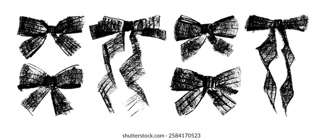 Crayon drawn coquette bows collection. Vector ink illustration of girly ribbons. Trendy sketch bows with stripes pattern. Hand drawn knots, gift bold ribbons. Various braiding accessory illustration.