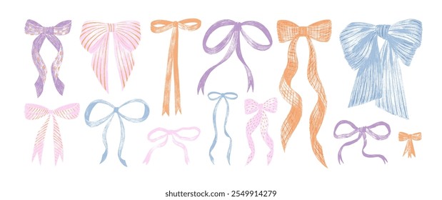 Crayón dibujado lindos lazos y cintas de Ilustración vectorial. Elementos de Vector decorativos de coqueta de estilo femenino. Clipart vintage elegantes de estilo sketchy. Lindo lápiz dibujado cintas de colores. Las chicas de moda se inclinan.