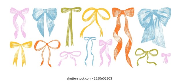 Crayon drawn cute bows and ribbons vector illustration. Girly style coquette decorative vector elements. Sketchy style elegant vintage cliparts. Cute pencil drawn colorful ribbons. Trendy girls bows.