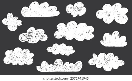 Crayon drawn cute clouds in kid's style. Pencil drawings childish icons isolated on white. Hand drawn various Crayon scribbled texture. Cloud shapes. Naive style childish vector elements.