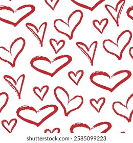 Crayon drawn cute hearts seamless pattern. Charcoal doodle hearts wallpaper. Grunge style, pencil drawings. Modern romance print for textile, paper, packaging, design, vector graphics