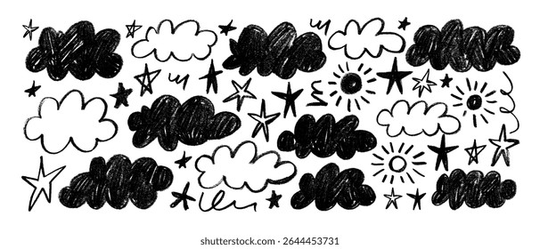 Crayon drawn cute kid clouds, sun and stars. Hand drawn cartoon cloudy sky. Naive funky childish doodle collection. Pencil scribbled texture. Realistic chalk sketch. Vector cute ink illustration.
