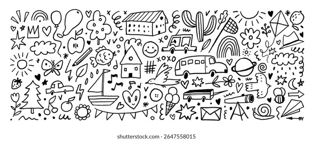 Crayon drawn cute kid doodle set. Hand drawn naive doodle illustrations. Funky shapes, childish icons such cars, butterfly, fish, birds, smile and clouds. Kid decorative vector illustrations.