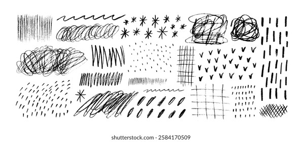 Crayon drawn doodle pattern texture and scribbles collection. Grunge crayon scribbles, black paint childish strokes and scrawls. Hand drawn vector chalk drawing, cute pencil dots texture and grids.