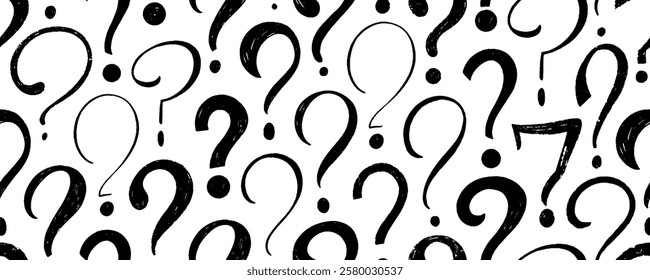 Crayon drawn doodle question marks. Collection of various question marks with speech bubbles. Punctuation symbols for collages. Chalk drawn doubt and thinking elements. Repeated modern wallpaper.