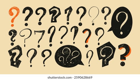 Crayon drawn doodle question marks. Collection of various question marks with speech bubbles. Punctuation symbols for collages. Chalk drawn doubt and thinking vector elements. Retro style.