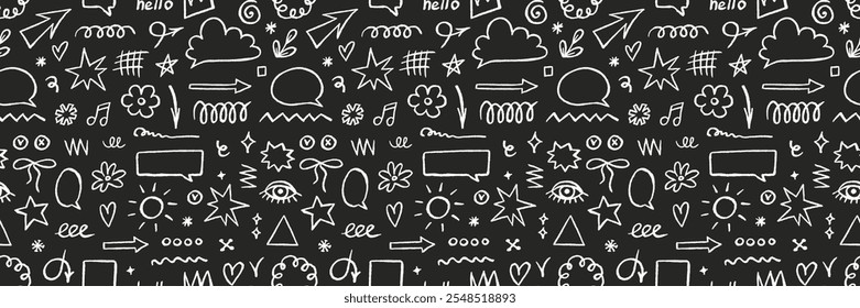 Crayon drawn doodle seamless pattern, shapes, line and simple elements. Hand drawn brush highlight, arrow, speech bubble cloud, vector illustration