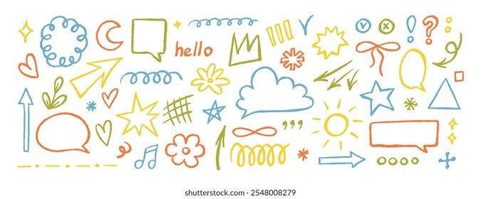 Crayon drawn doodle set, shapes, line and simple elements. Hand drawn brush highlight, arrow, speech bubble cloud, vector illustrations